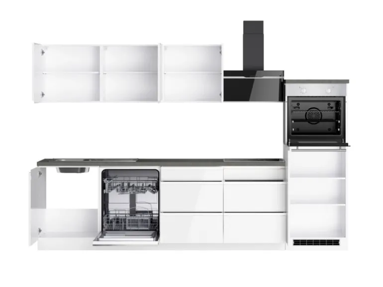 Held Küchen Küchenzeile Gera 300 cm Weiß/Beton mit E-Geräten Induktion