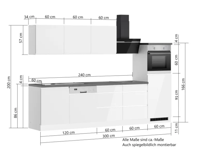 Held Küchen Küchenzeile Gera 300 cm Weiß/Beton mit E-Geräten Induktion