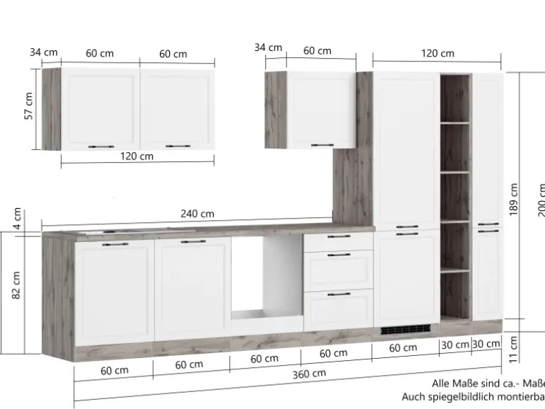 Held Küchen Küchenzeile Kempten 360 cm ohne E-Geräte Wotan/Weiß
