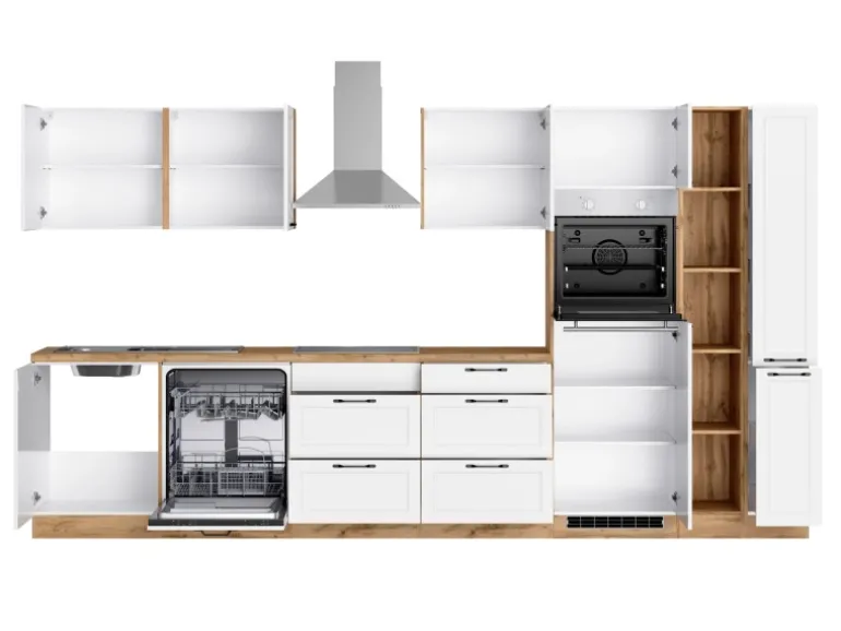 Held Küchen Küchenzeile Kempten 360 cm Weiß/Wotan mit E-Geräten Induktion