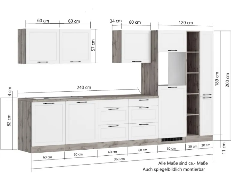 Held Küchen Küchenzeile Kempten 360 cm Weiß/Wotan mit E-Geräten Induktion