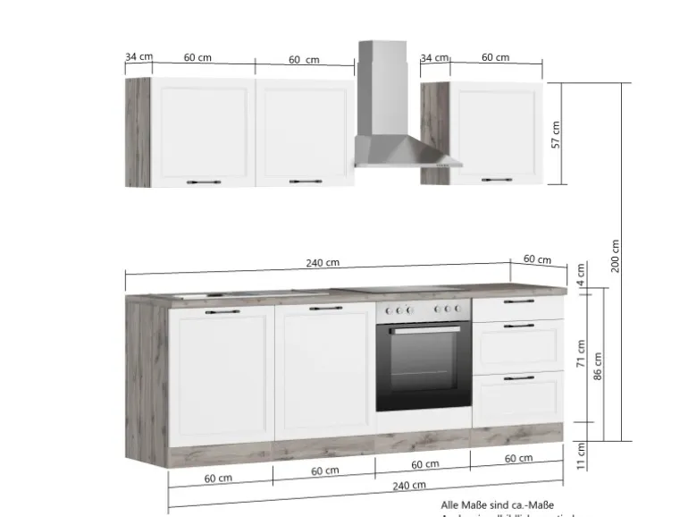 Held Küchen Küchenzeile Kempten 240 cm mit E-Geräten Wotan/Weiß