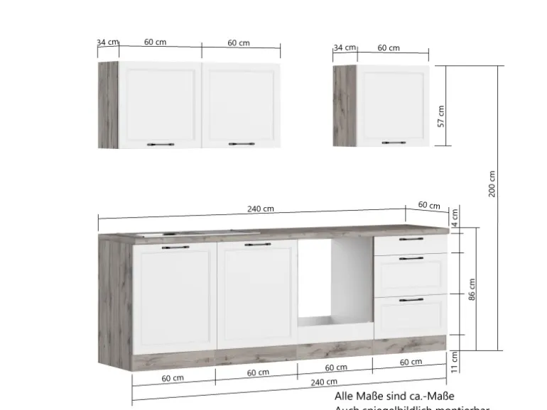 Held Küchen Küchenzeile Kempten 240 cm ohne E-Geräte Wotan/Weiß