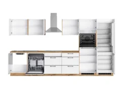 Held Küchen Küchenzeile Kempten 360 cm Weiß/Wotan mit E-Geräten autark Indukt.