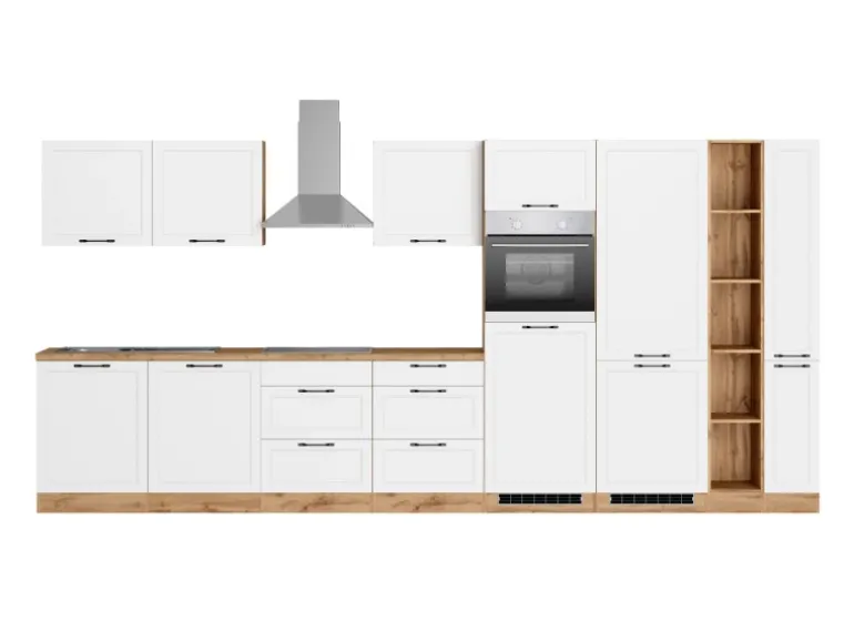 Held Küchen Küchenzeile Kempten 420 cm Weiß/Wotan mit E-Geräte