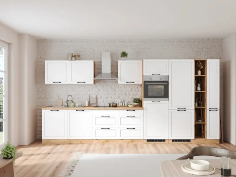 Held Küchen Küchenzeile Kempten 420 cm Weiß/Wotan mit E-Geräte