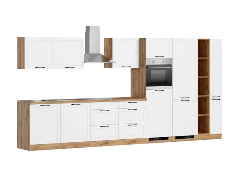 Held Küchen Küchenzeile Kempten 420 cm Weiß/Wotan mit E-Geräte