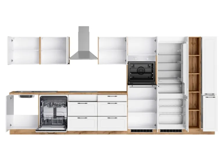 Held Küchen Küchenzeile Kempten 420 cm Weiß/Wotan mit E-Geräte