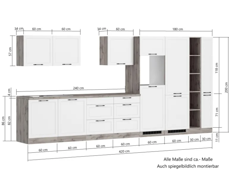 Held Küchen Küchenzeile Kempten 420 cm Weiß/Wotan mit E-Geräte