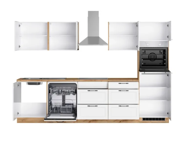 Held Küchen Küchenzeile Kempten 300 cm Weiß/Wotan mit E-Geräte