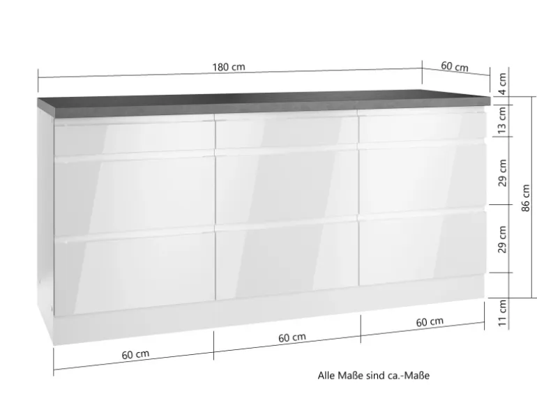 Held Küchen Unterschrank Gera 180 cm Weiß/Beton