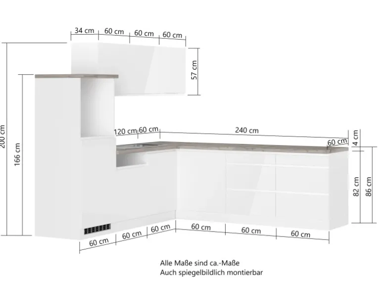 Held Küchen Winkelküche Gera 240 cm Weiß/Beton ohne E-Geräte