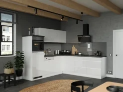 Held Küchen Winkelküche Gera 240 cm Weiß/Beton mit E-Geräten autark