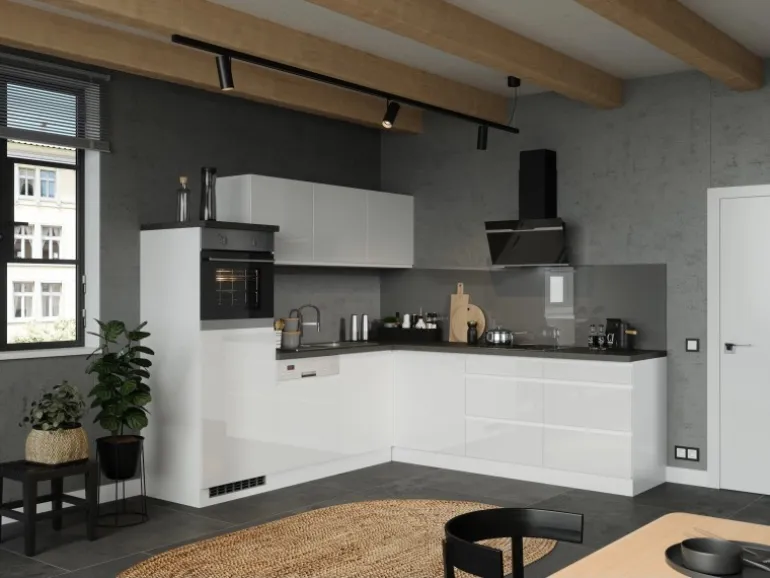 Held Küchen Winkelküche Gera 240 cm Weiß/Beton mit E-Geräten autark