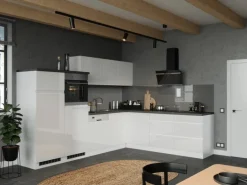 Held Küchen Winkelküche Gera 300 cm Weiß/Beton mit E-Geräte