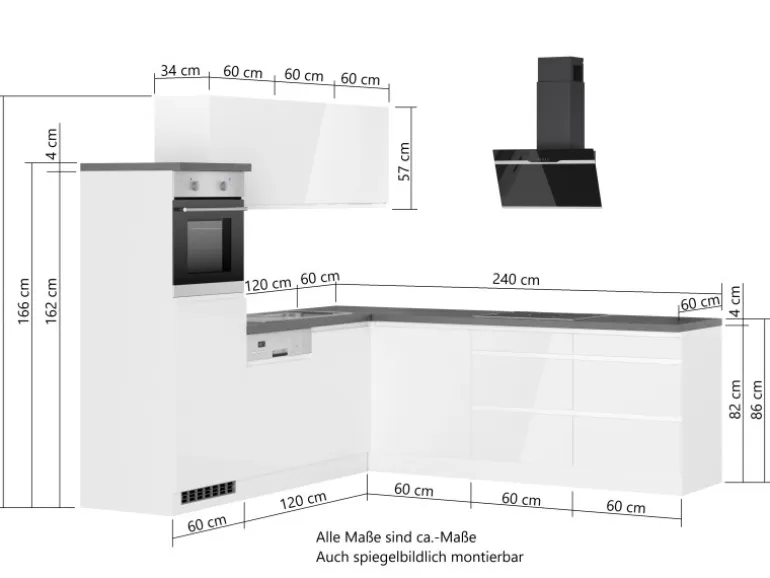 Held Küchen Winkelküche Gera 240 cm Weiß/Beton mit E-Geräten Induktion
