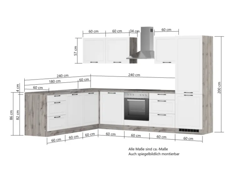Held Küchen Winkelküche Kempten 300 cm mit E-Geräten Wotan/Weiß