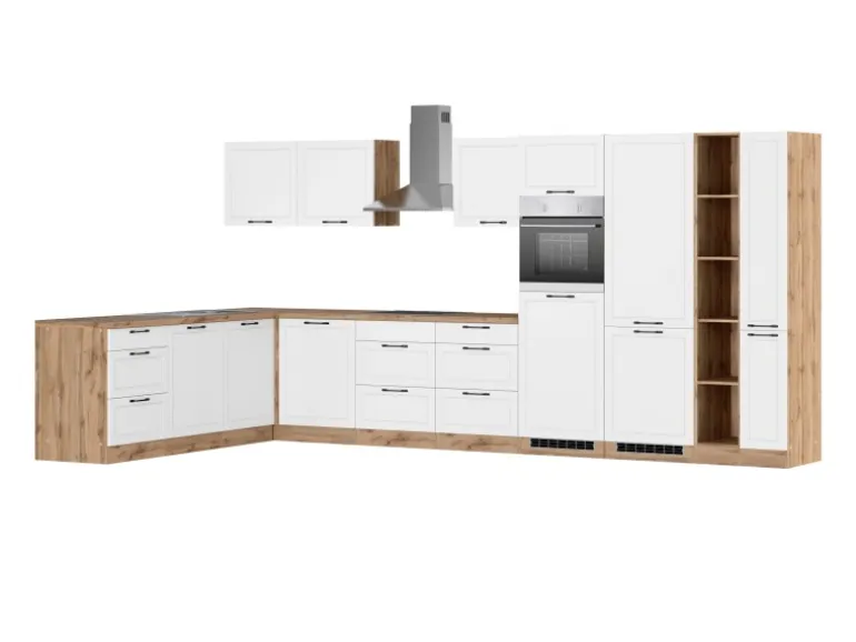 Held Küchen Winkelküche Kempten 420 cm Weiß/Wotan mit E-Geräten Induktion