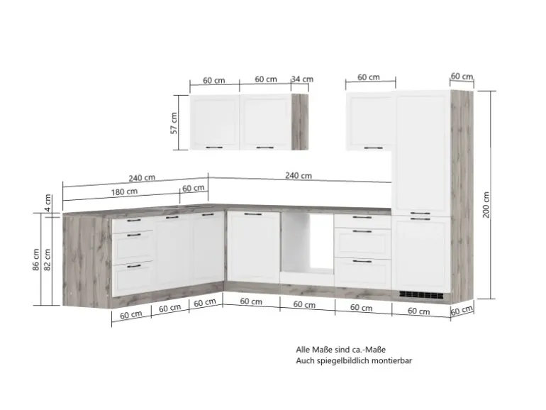 Held Küchen Winkelküche Kempten 300 cm ohne E-Geräte Wotan/Weiß