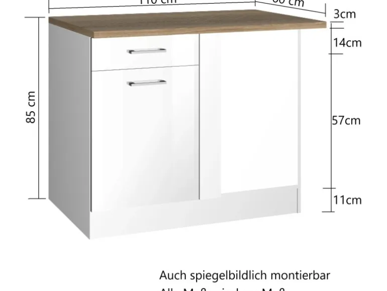 Held Möbel Küchen-Eckschrank Mailand 110 cm Hochglanz Weiß/Weiß