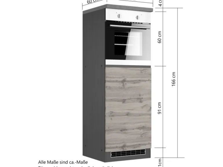 Held Möbel Küchen-Kühlschrank/Ofenumbauschrank Turin 60 cm Graphit/Wotaneiche