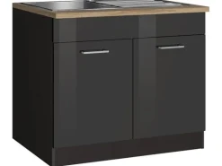 Held Möbel Küchen-Spülenunterschrank Mailand 100 cm Hochglanz Graphit/Graphit
