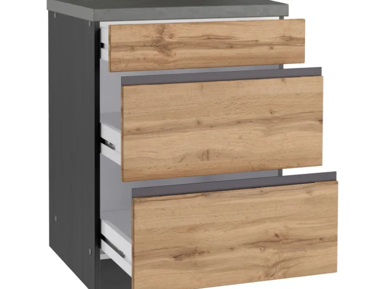 Held Möbel Küchenunterschrank Turin 60 cm mit Auszügen Wotaneiche/Graphit