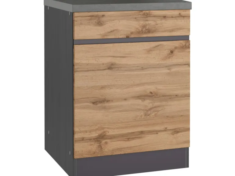 Held Möbel Küchenunterschrank Turin 60 cm 1 Tür 1 Schublade Wotaneiche/Graphit