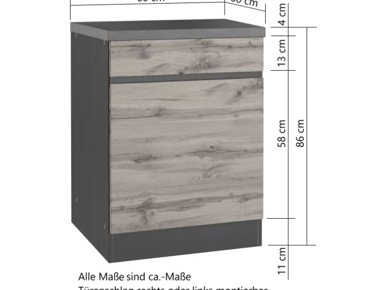 Held Möbel Küchenunterschrank Turin 60 cm 1 Tür 1 Schublade Wotaneiche/Graphit