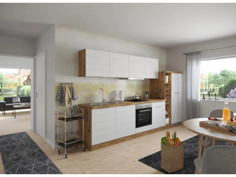 Held Möbel Küchenzeile 330 cm Matt Weiß-Wotaneiche