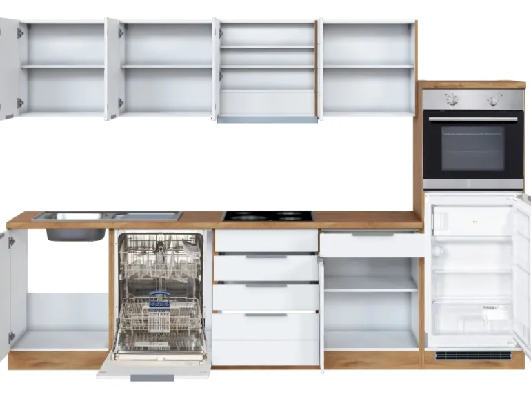 Held Möbel Küchenzeile 300 cm Matt Weiß-Wotaneiche