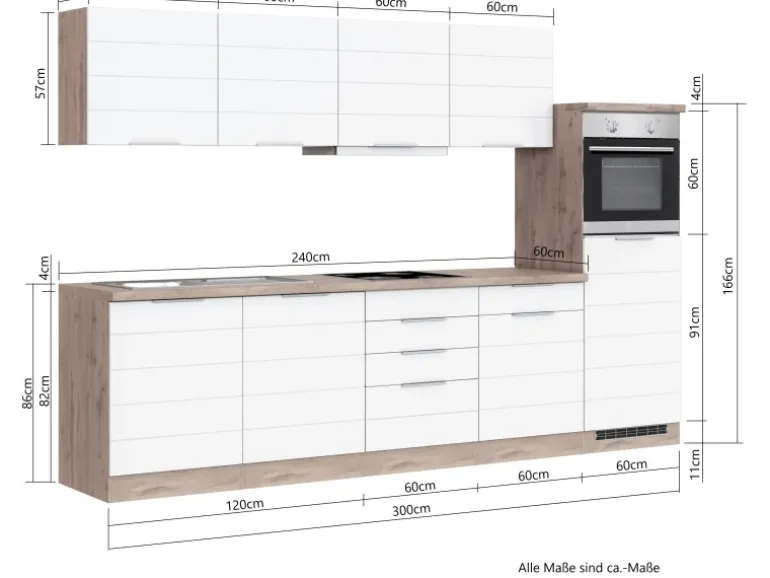 Held Möbel Küchenzeile 300 cm Matt Weiß-Wotaneiche