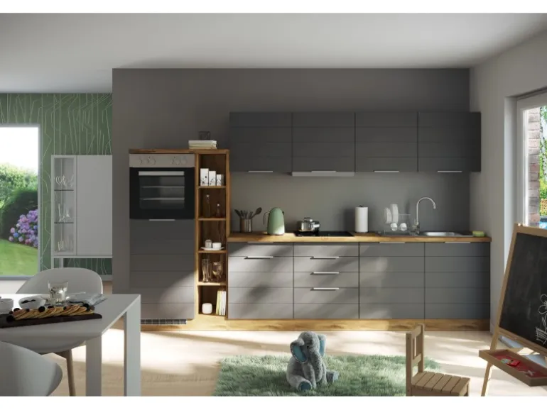 Held Möbel Küchenzeile 330 cm Matt Grau-Wotaneiche