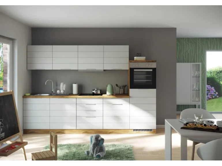 Held Möbel Küchenzeile 300 cm Matt Weiß-Wotaneiche ohne E-Geräte