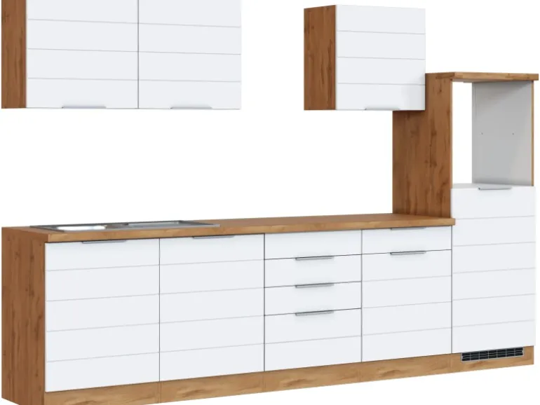 Held Möbel Küchenzeile 300 cm Matt Weiß-Wotaneiche ohne E-Geräte