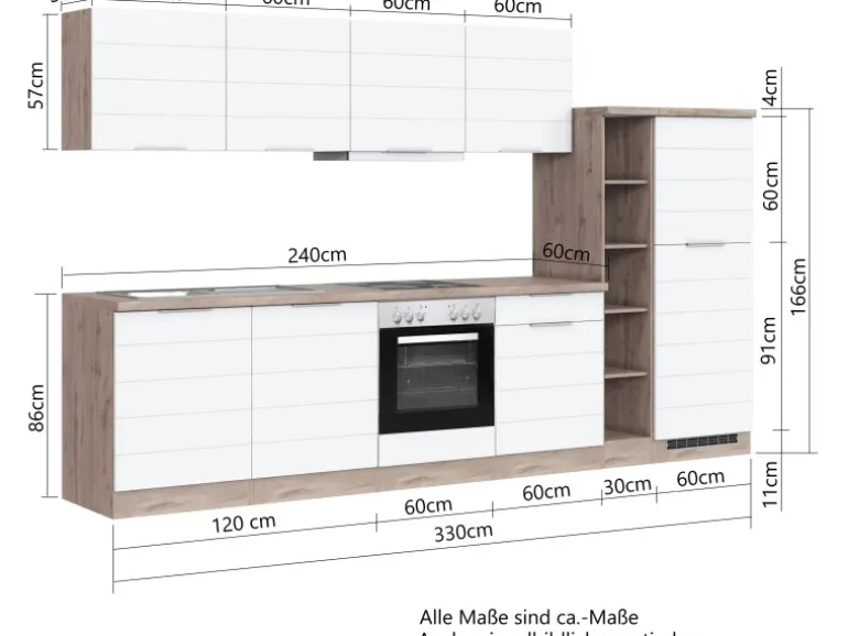 Held Möbel Küchenzeile 330 cm Matt Grau-Wotaneiche ohne E-Geräte