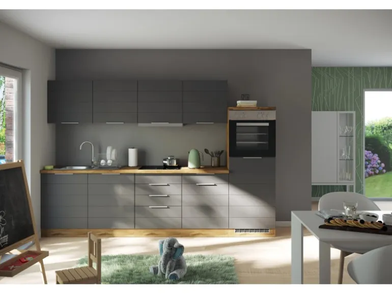 Held Möbel Küchenzeile 300 cm Matt Grau-Wotaneiche ohne E-Geräte