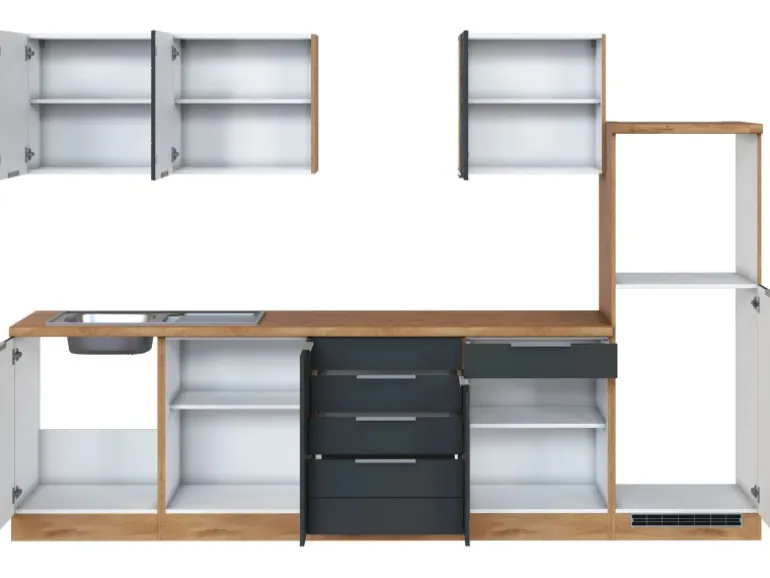 Held Möbel Küchenzeile 300 cm Matt Grau-Wotaneiche ohne E-Geräte