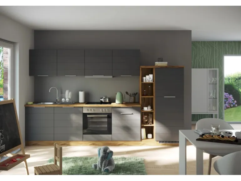 Held Möbel Küchenzeile 330 cm Matt Grau-Wotaneiche