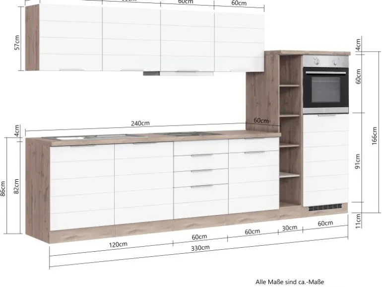 Held Möbel Küchenzeile 330 cm Matt Grau-Wotaneiche