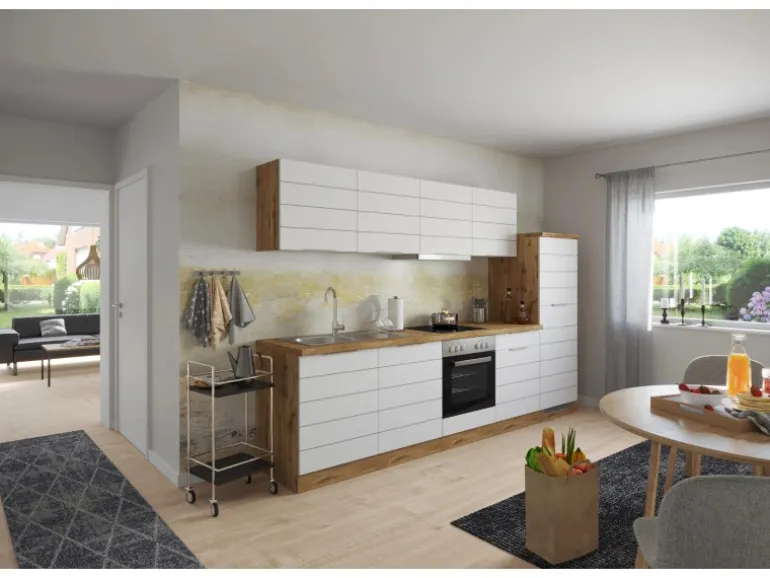 Held Möbel Küchenzeile 300 cm Matt Weiß-Wotaneiche