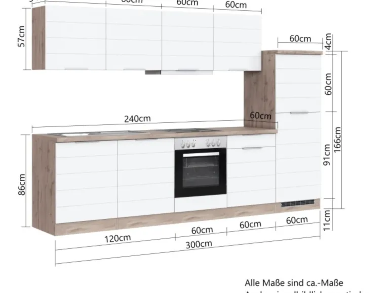 Held Möbel Küchenzeile 300 cm Matt Weiß-Wotaneiche