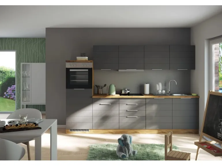 Held Möbel Küchenzeile 300 cm Matt Grau-Wotaneiche ohne E-Geräte