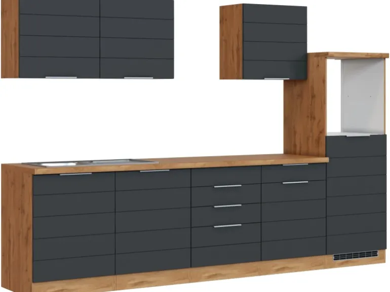 Held Möbel Küchenzeile 300 cm Matt Grau-Wotaneiche ohne E-Geräte