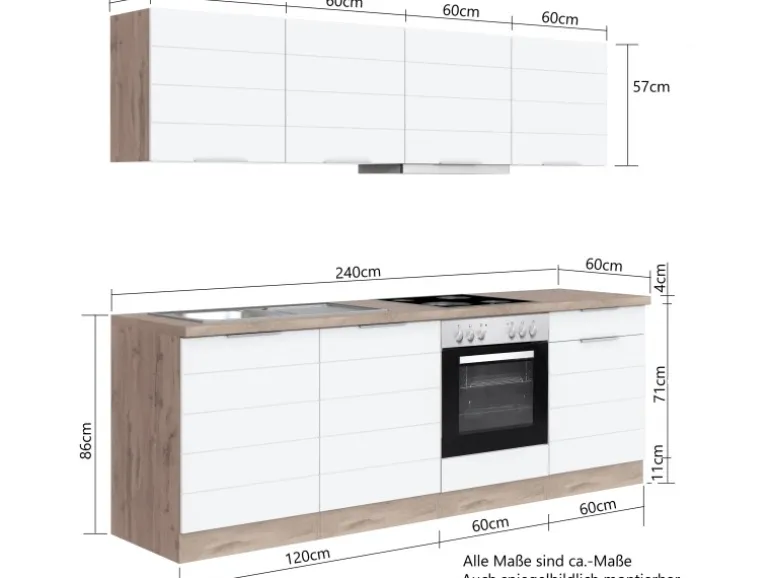 Held Möbel Küchenzeile 240 cm Matt Weiß-Wotaneiche ohne E-Geräte