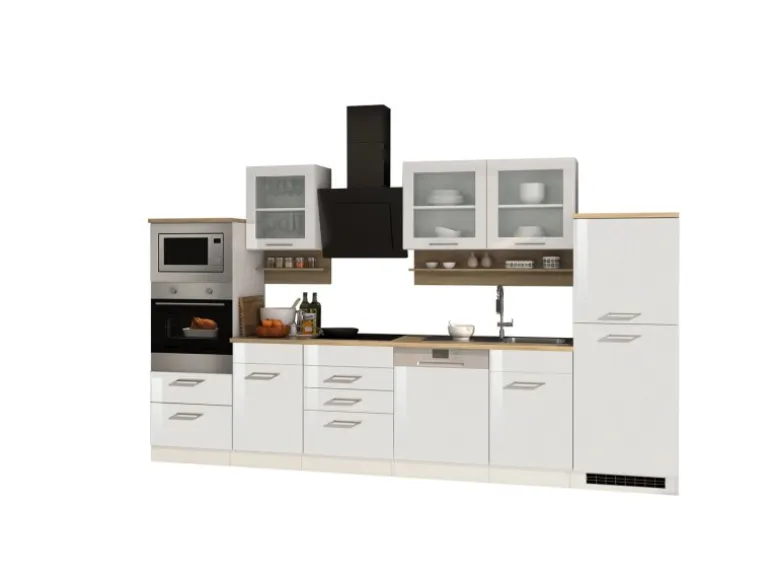 Held Möbel Küchenzeile Mailand 340 cm Weiß Hochglanz-Weiß Matt mit E-Geräten