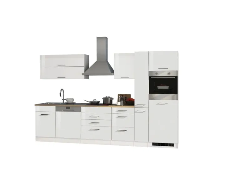 Held Möbel Küchenzeile Mailand 330 cm Weiß Hochglanz-Weiß Matt mit E-Geräten