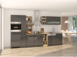 Held Möbel Küchenzeile Mailand 340 cm Grau Hochglanz-Grau Matt mit E-Geräten