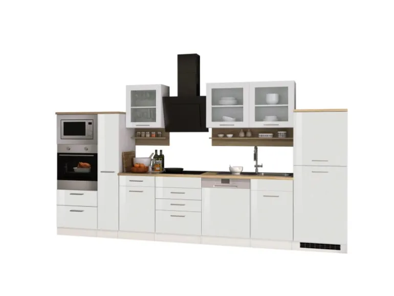 Held Möbel Küchenzeile Mailand 370 cm Weiß Hochglanz-Weiß Matt mit E-Geräten