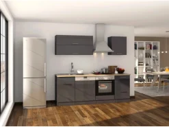 Held Möbel Küchenzeile Mailand 220 cm Grau Hochglanz-Grau Matt ohne E-Geräte